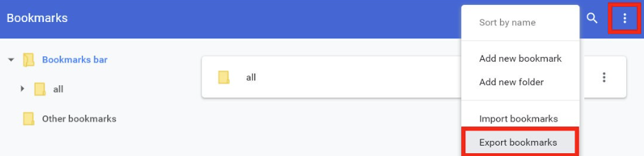 Export bookmarks option in the Bookmark Manager menu